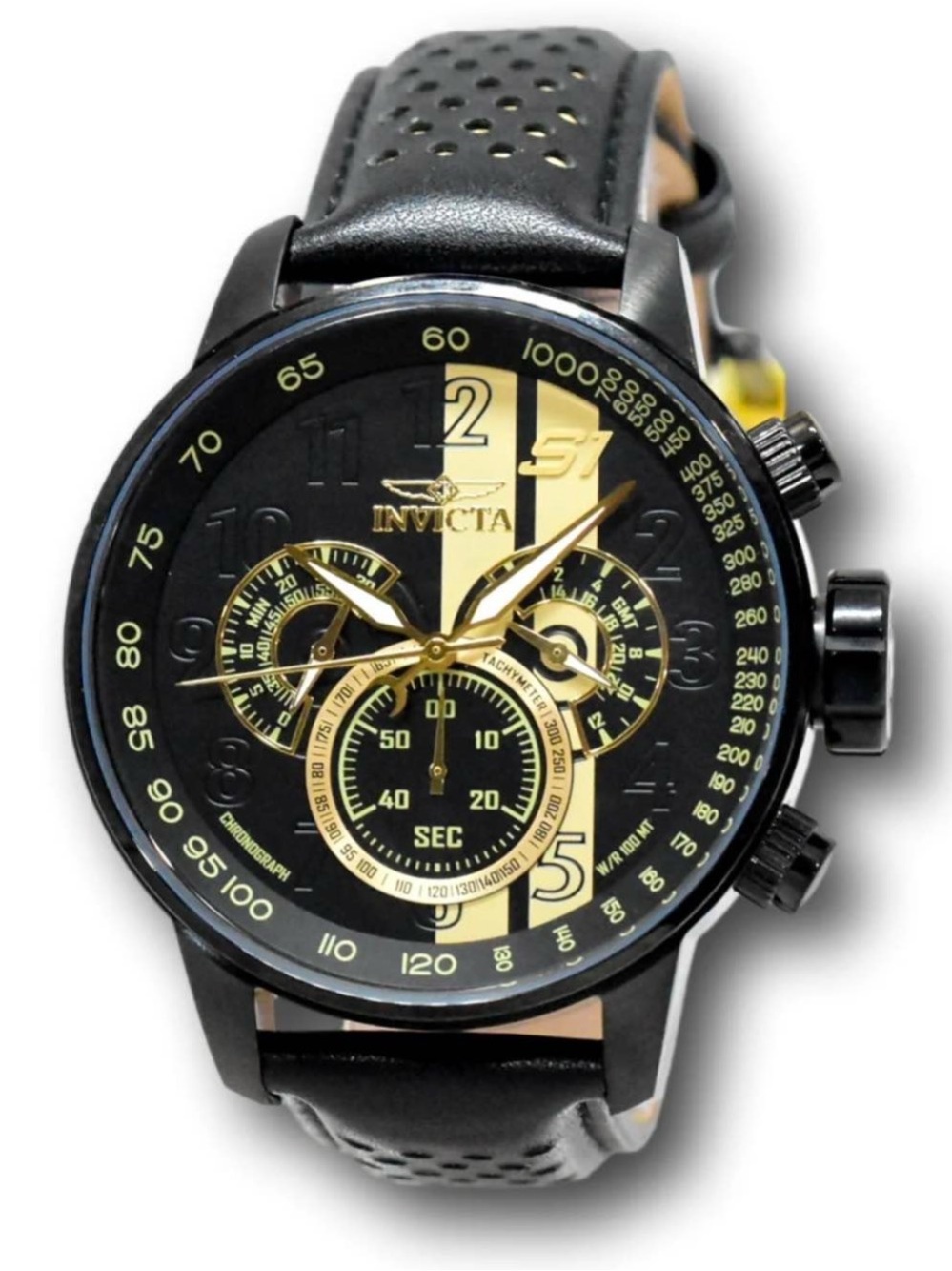 Invicta S1 Rally Race Team Men's 48mm Black And Gold Leather Chrono Watch 19289